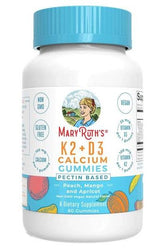 MaryRuth Organics K2 + D3 Calcium Gummies bottle with peach, mango, and apricot flavor, vegan and gluten-free.